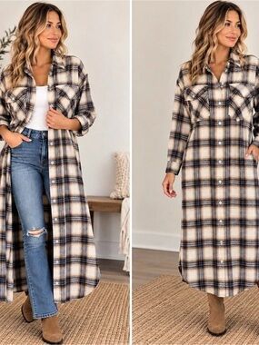 MALIBU BUM Plaid Dress Shirt Jacket in Brown & Cream Size Small Like New